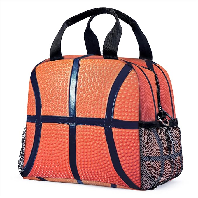 Basketball Lunch Bag for Women Men Cute Large Capacity Thermal Lunch Tote Reusable Washable with Adjustable Shoulder Strap and Dual Large Mesh Side Pockets