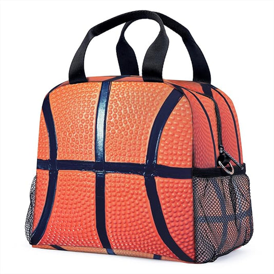 Basketball Lunch Bag for Women Men Cute Large Capacity Thermal Lunch Tote Reusable Washable with Adjustable Shoulder Strap and Dual Large Mesh Side Pockets