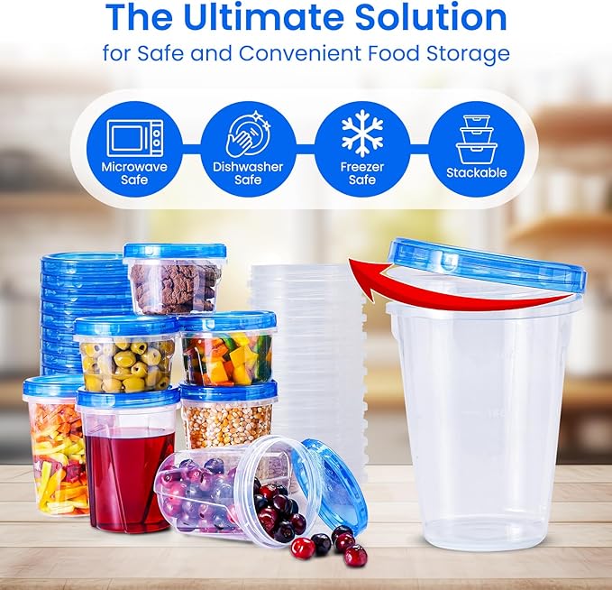 RFAQK 48 pcs Freezer Storage Containers with Lids-(32 & 16OZ) 24 Food Storage Containers with 24 Twist Top-Deli Container for Soup-Reusable Plastic Box for Lunch, Gym, Travel