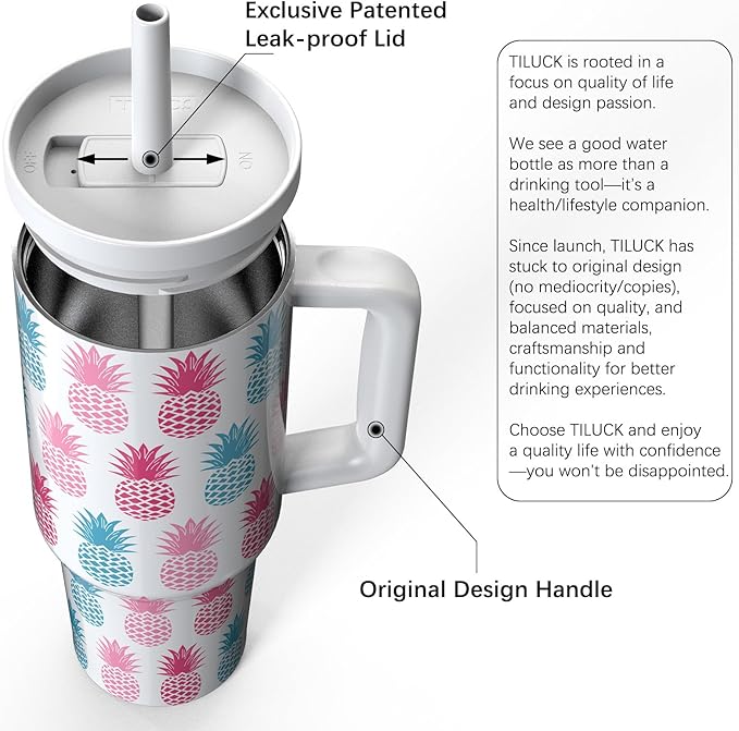 TILUCK 40 oz Tumbler with Handle, Vacuum Insulated Stainless Steel Travel Mug with 100% Leak-Proof Silicone Straw Lid, Cupholder Friendly Water Bottle(Pineapple, 40oz)