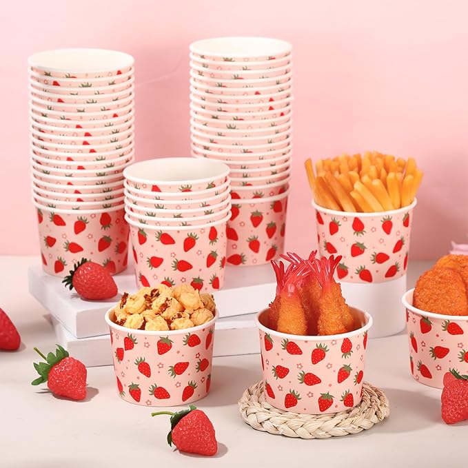 50 Pack Strawberry Ice Cream Cups 9 oz Red Strawberry Disposable Dessert Bowls Paper Soup Bowls Summer Fruit Party Supplies for Hot or Cold Food Sweet One First Birthday Baby Shower Party
