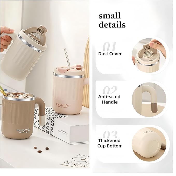 16oz Insulated Coffee Mugs - Ideal for Indoor Office Use. Features SUS 304 Inner, Double Wall Insulation, Detachable Silicone Ring. 3 Drinking Options. Available in White, Brown, Pink (White)