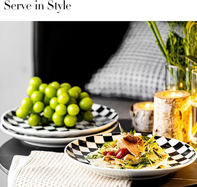 Ceramic Dinner Plates Set of 6-10 Inch Salad Plates, Black and White Checkered Porcelain Dinner Plates Microwave, Oven & Dishwasher Safe, Minimalist Porcelain Dish Set