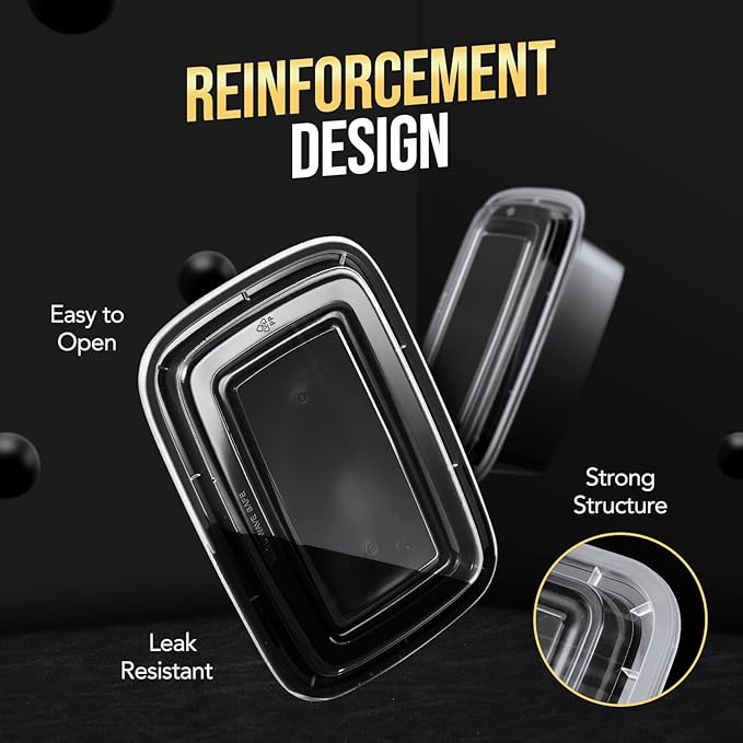 100-Piece (50-Pack) 34 OZ Meal Prep Containers Reusable with Lids, Sturdy Leakproof & Food Safe, Microwave, Freezer, Dishwasher Safe To Go Food Containers, Plastic Take Out Containers, Black