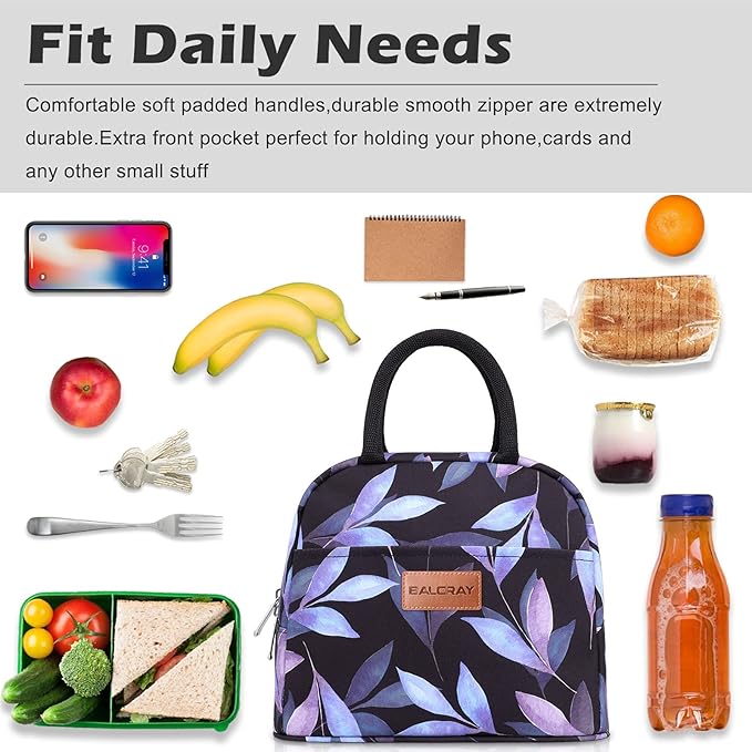 BALORAY Lunch Bag for Women Men Insulated Lunch Box for Adult Reusable Lunch Tote Bag for Work, Picnic or Travel (Blue Leaves)