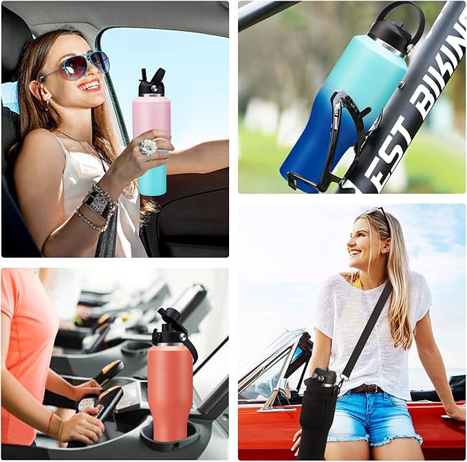 Vacuum Insulated Water Bottle 40oz - w/Straw Lid & Spout Lid,Leak-Proof Insulated Thermal Cups w/Carrier Pouch with Strap & Protective Boot, Thermo Coffee Flask Fit in Bike Car Cup Holder