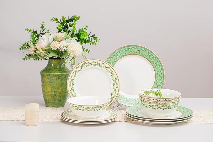 12-Piece Bone China Dinnerware Set with Gold Rim, Handcrafted Jingdezhen Design, Glazed Inner Patterns, Service for 4 – Green Collection