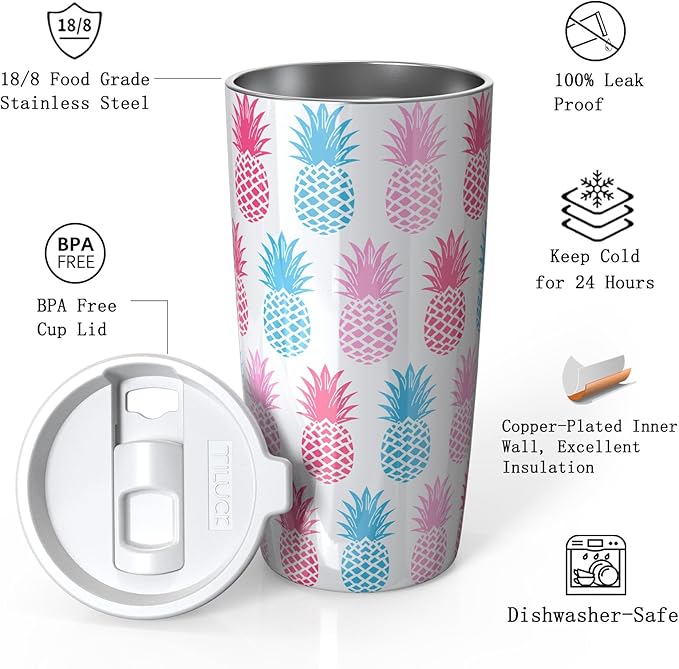 TILUCK 20 oz Tumbler with Leak-Proof Lid, Vacuum Insulated Stainless Steel Coffee Mug, Double-Walled Travel Tumbler for Hot and Cold Drinks(Pineapple, 20oz)