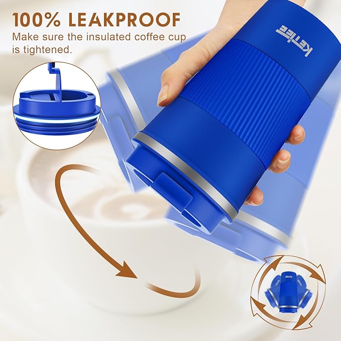KETIEE Travel Coffee Mug 12oz: Insulated Travel Mug with Leakproof Lid, Reusable Coffee Cups with Seal Lid, Vacuum Stainless Steel Tumbler to Go for Hot/Ice Drinks (Blue)
