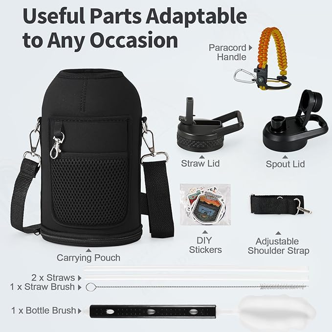 64 oz Insulated Water Bottle with Straw (Cold for 48 Hrs), Half Gallon Stainless Steel Triple Wall Vacuum Sports Water Jug, Leakproof Hydro Cup Flask with Straw Spout Lids & DIY Stickers