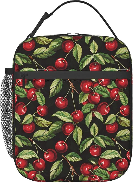 Reusable Cherry Lunch Box for Kids Girls Boys Women Adult, Insulated Cute Leaf Lunch Bag,Polyester Cooler Art Handbags Case for School Picnic Work Travel Beach or Hiking (Black)