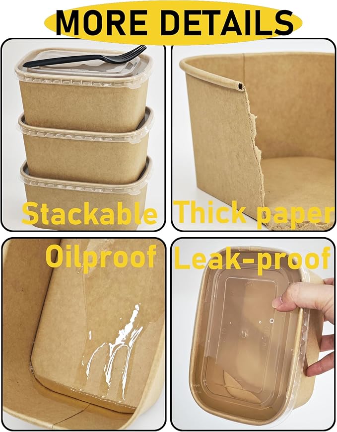 50Pack Disposable Paper Meal Prep Containers with Lids and Forks, 35OZ Kraft Paper To Go Food Containers for Salad Soup Hot/Cold Food, Take Out Serving Bowl for Household & Restaurant & Party & Picnic