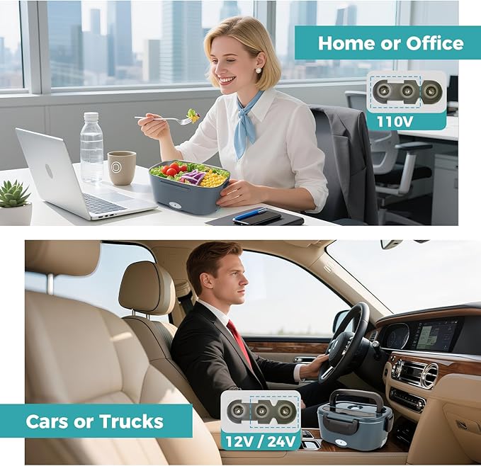 80W Electric Lunch Box for Car & Truck,12V/24V/110V Green Portable Warmer with 304 Stainless Steel Container,Ideal for Drivers & Office