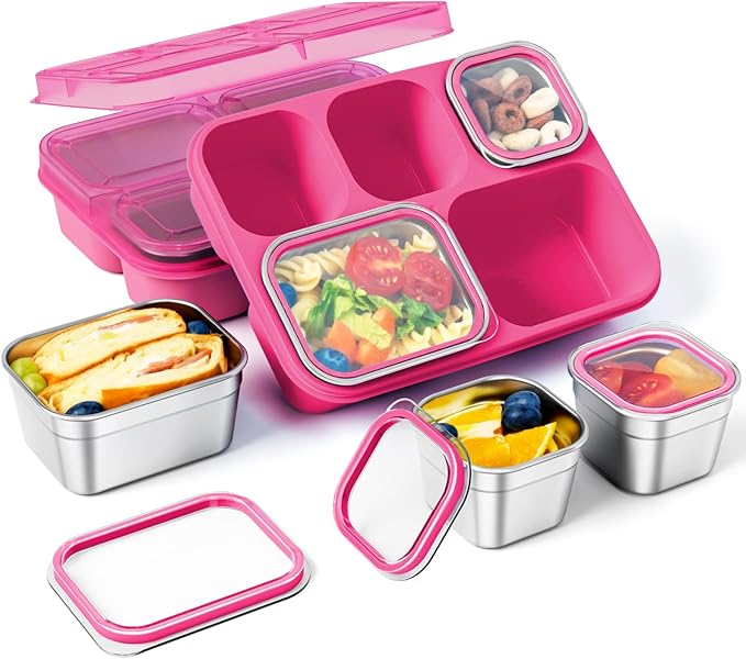 Stainless Steel Snack Containers - 2 Pack, BPA-Free Lunch Bento Box with 5 Compartment, Reusable Food Storage Snackle Box for School, Work, and Travel, Dishwasher Safe (Pink)