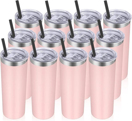 VEGOND Stainless Steel Tumblers Bulk 12 Pack, 20 oz Vacuum Insulated Skinny Tumblers with Lid and Straw, Double Wall Coffee Mug, Travel Water Cup, Light Pink