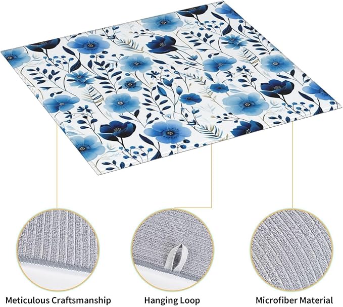 Blue White Floral Watercolor Dish Drying Mats, Absorbent Boho Blue Decorative Kitchen Counter Mat, 16" x 18", Polyester, Absorption, Foldable, for Kitchen Dishes Drainers, Small Appliances, Home Decor