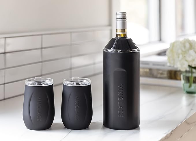 Vinglacé Stainless Steel Stemless Wine Glass- Insulated Wine Tumbler with Glass Insert and Sip Lid, 10 oz, Black