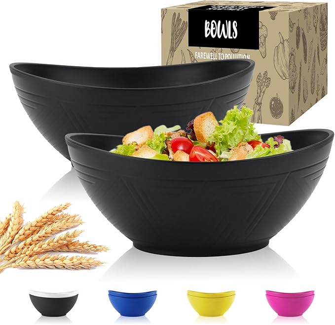 Wrova Big Wheat Straw Bowls,Large Salad Bowls Set of 2,Dishwasher and Microware Safe Plastic Bowls Reusable,Eating bowls for Cereal,Salad,Fruit,Snack. Black