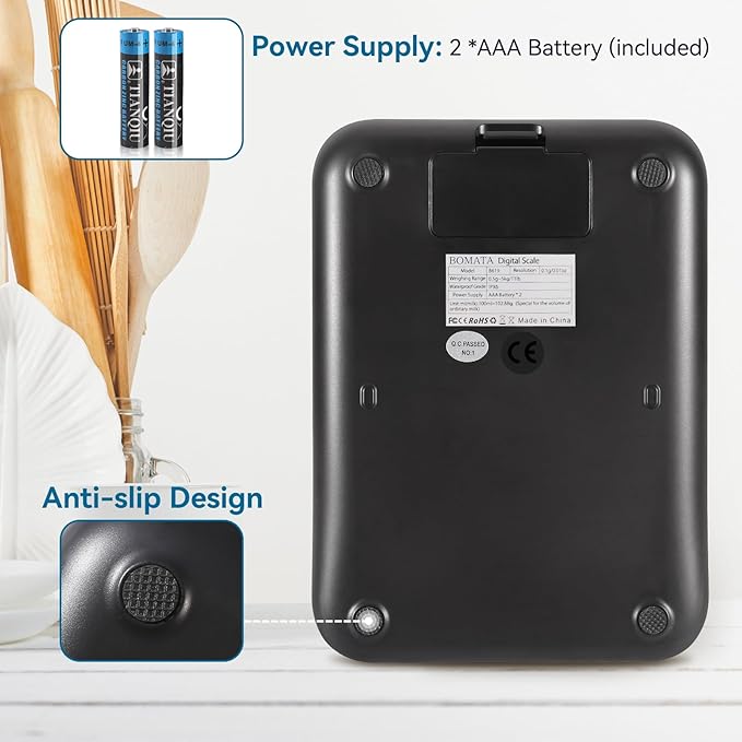 BOMATA Waterproof IPX6 Kitchen Scale, 0.1 g/0.01 oz High Precision, 5 kg/11 lbs, Digital Scale with Backlight, Stainless Steel Weighing Platform, for Food, Cooking, Baking, Weight Loss.. B619, Black