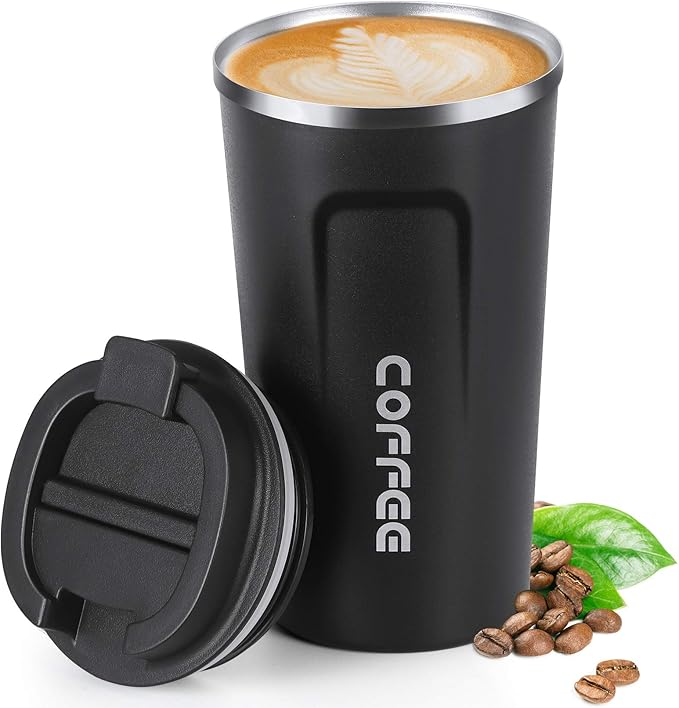 Smilatte 17oz (510ml) Vacuum Insulated Travel Mug, Leakproof Double Wall Stainless Steel Reusable Coffee Cup with Lid For Hot & Cold Drinks, Matte Texture Black