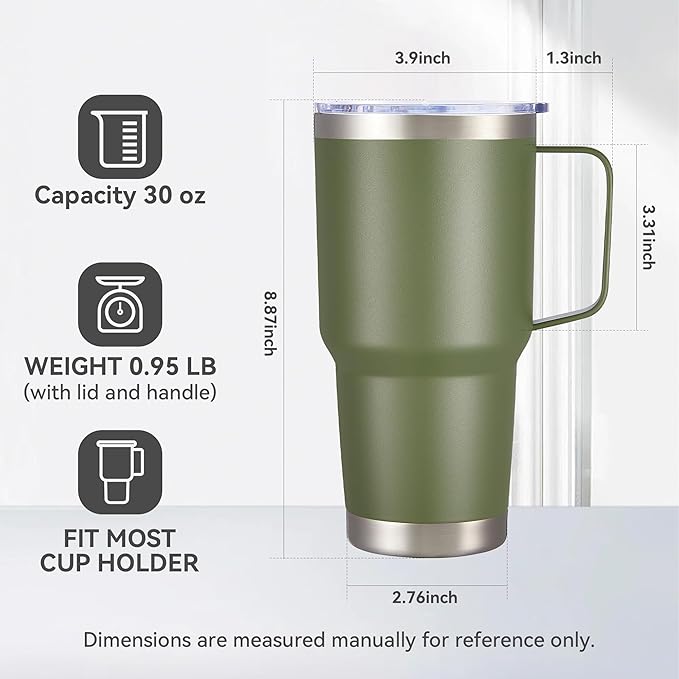 30 oz Tumbler with Handle and Lid, Stainless Steel Tumblers Bulk Double Wall Vacuum Insulated Travel Mug Leak Proof Cup Keep Drinks Cold and Hot Army Green, 8 Pack