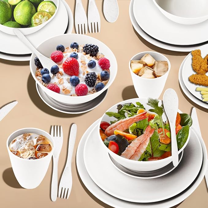 Wrova Wheat Straw Plate and Bowl sets with cups and cutlery set of 64 - Unbreakable Dinnerware service for 8 - Microwave and Dishwasher safe dish sets for kitchen,indoors and out doors.White