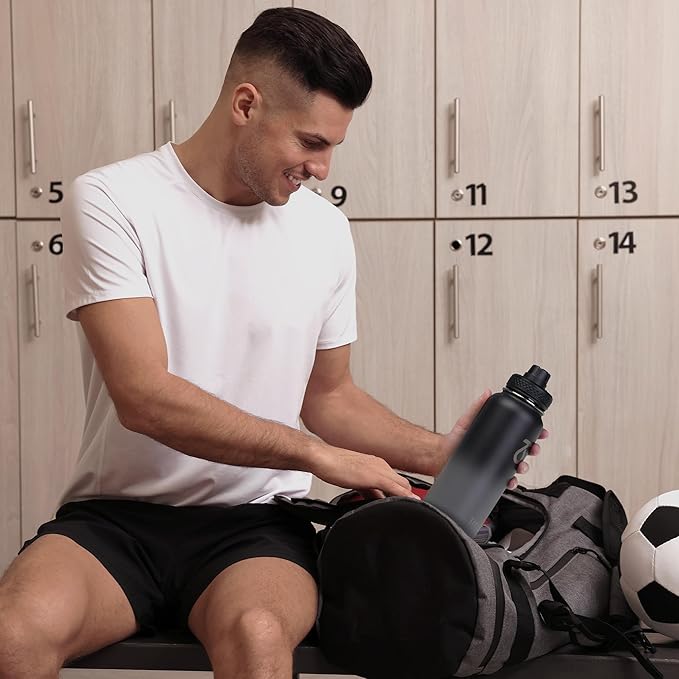 Trebo 40oz Water Bottle with 3 Lid and handle, Vacuum Insulated Stainless Steel Metal Outdoor Leakproof BPA-Free Flask, Keep Cold 48 Hours Water Jug, Best Gift for Men Women Holiday, Dark Gray