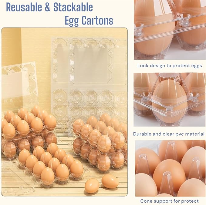 100 Packs Egg Cartons, 3 * 4 Grids Plastic Clear Egg Trays for 12 Eggs, Reusable and Durable, Egg Container Holder with Date Label for Family, Storage, Chicken Farm, Market, Transport
