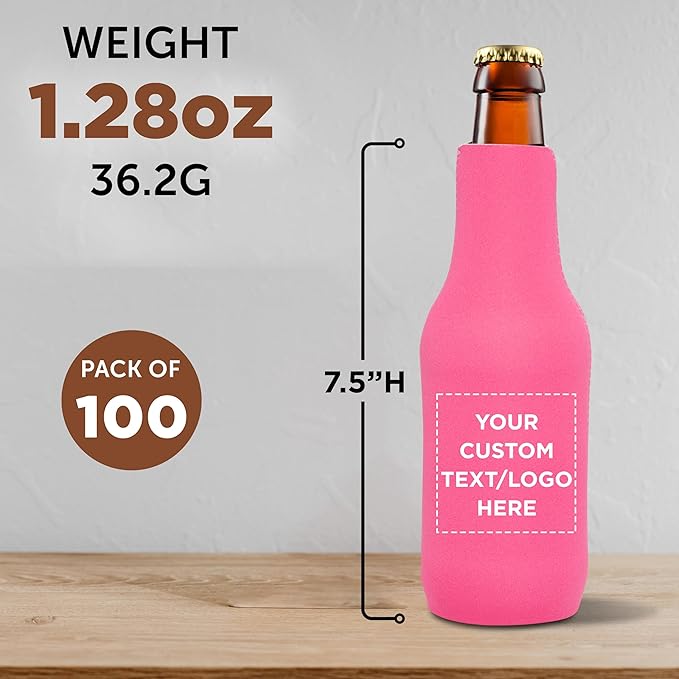 100 Neoprene Zippered Beer Bottle Coolies Pack - Customizable Text, Logo - Sharkskin Rubber Bottom - Neon Pink