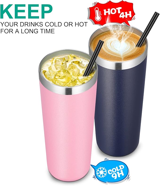 VEGOND Stainless Steel Tumblers Bulk 8 Pack, 20 oz Vacuum Insulated Skinny Tumblers with Lid and Straw, Double Wall Coffee Mug, Travel Water Cup, Navy Blue