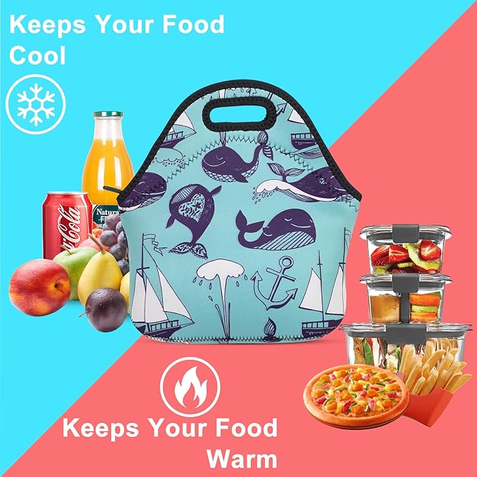 Violet Mist Cute Neoprene Lunch Bag Insulated Reusable lunch Bags Whale Animal Food HandBags Thermal Lunch Bags Cooler Lighweight Washable Cool lunch bags Box Work Picnic Gift for Women Men Adult