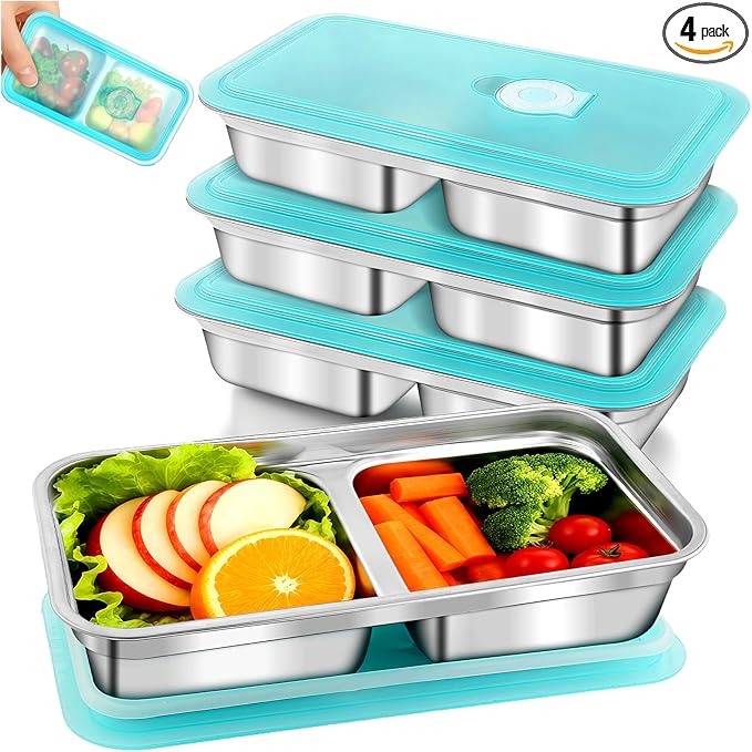 Zkptops 4Pcs Grab and Go Snack Containers Stainless Steel Reusable Snack Condiment Box with Lids Double Compartment Food Storage Container Dishwasher Divided Lunch Meal Container for School Travel