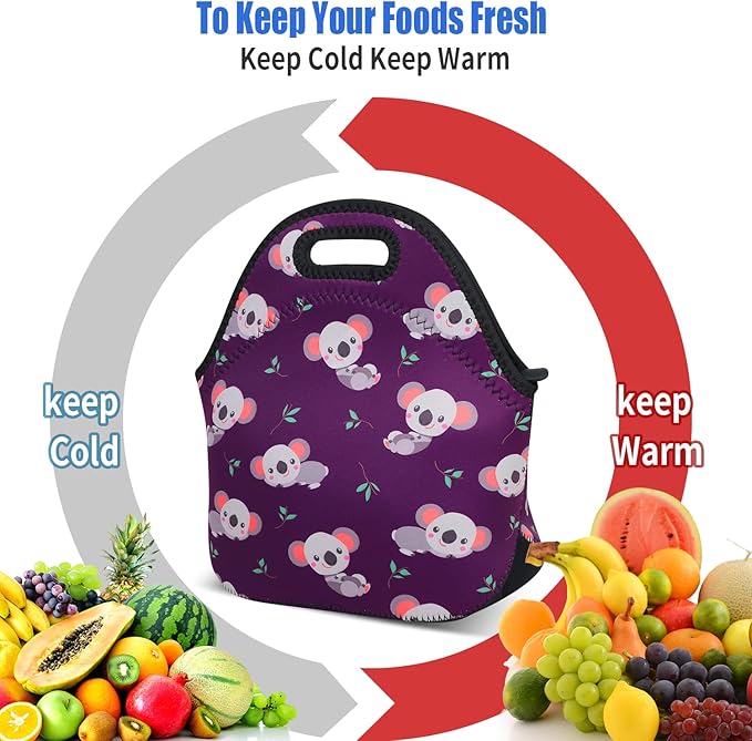 Violet Mist Womens Cute Reusable Neoprene Lunch Bag Insulated Lunch Box Koala Animal Cartoon Thermal lunch bags Bag Waterproof Food Handbags Koala Meal Prep Travel Work Gifts for Women Men Lady Adult