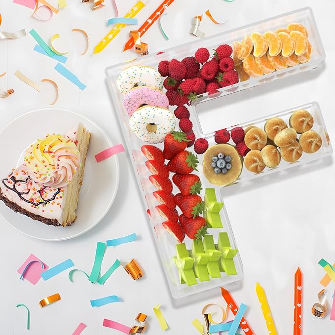 11" Acrylic Letter Charcuterie Box, Reusable Fillable Alphabet Number Shaped Form Tray for Birthday Anniversaries, Party Decorative Serving Plates Display Candy Cake (F)