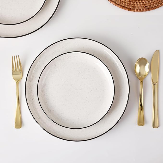 Plates and Bowls Sets for 4,12 Pieces Ceramic Dish set, White Dinnerware Set for Kitchen, Modern Design Plate Sets with Black Rim, Microwave and Dishwasher Safe