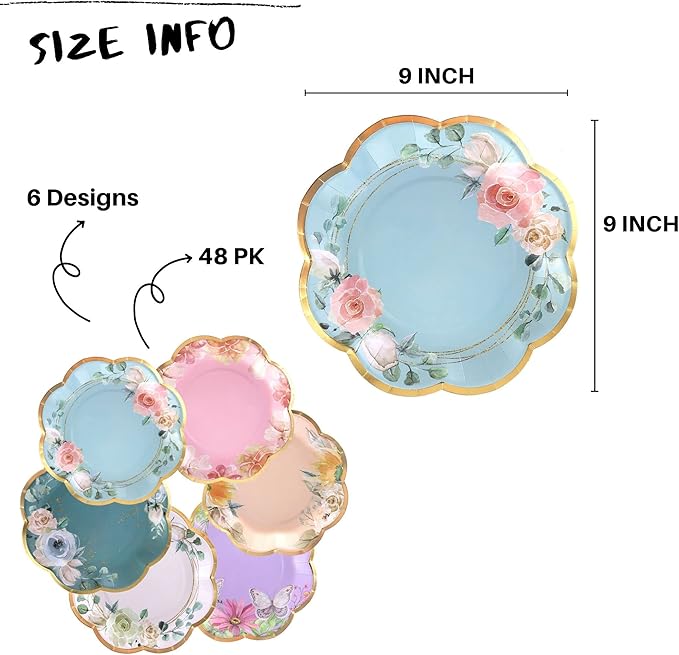 Winoo Design Floral Paper Plates - 48 PK - 9 Inch Flower Party Plates Floral Disposable Plates for Tea Party Baby Shower Brial Shower Birthday Wedding