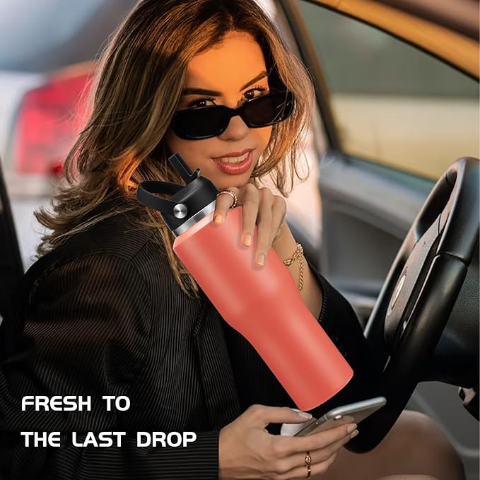 32 oz Insulated Water Bottle - Cold 48H & Hot 24H, Leak-Proof T-shpaed Metal Flask with Carry Strap, Protective Boot, BPA Free Vacuum Hydro 32 Ounce Thermal Cup for Adults Men Women
