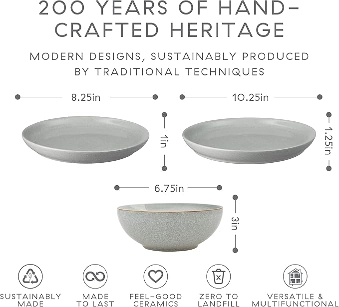 Denby - Elements Light Gray Dinner Set For 4-12 Piece Coupe Simple Ceramic Stoneware Tableware Set - Dishwasher Microwave Oven Safe - Scratch Chip Resistant