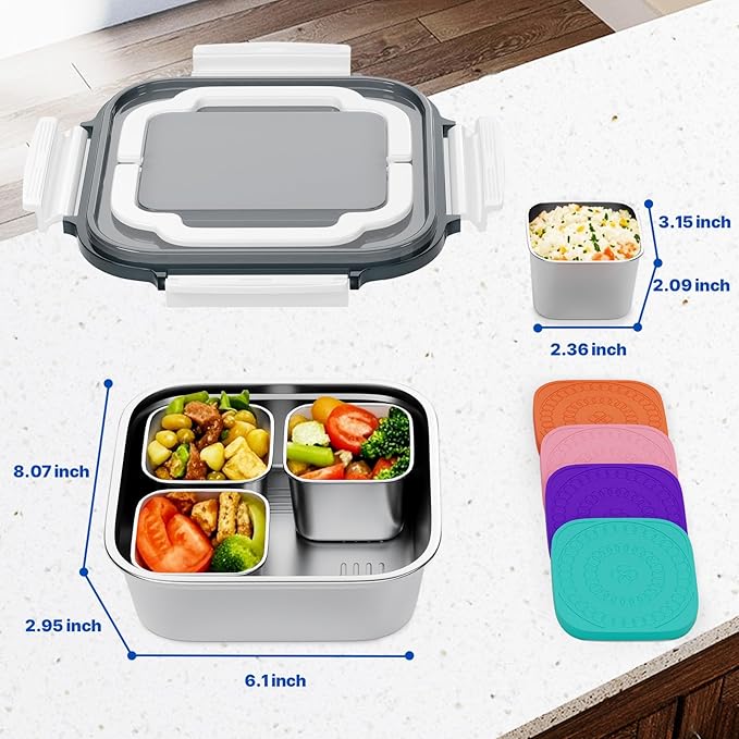 Set of 2 Stainless Steel Conntainers with Lids 5 Pack,Large Stainless Steel Container(1.5qt) and Set of 4 Snack Containers,Convenient to Carry,Suitable for Picnics and Travel