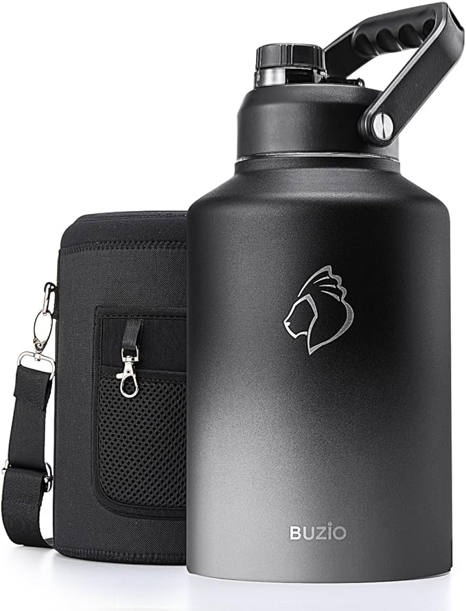 BUZIO One Gallon Water Bottle Insulated, (Cold for 48 Hrs) 128oz Water Jug Large Stainless Steel, 3.58in Big Wide Mouth Leak Proof Metal Flask with Carrying Sleeve for Camping,Gym, Travel, Black Gray