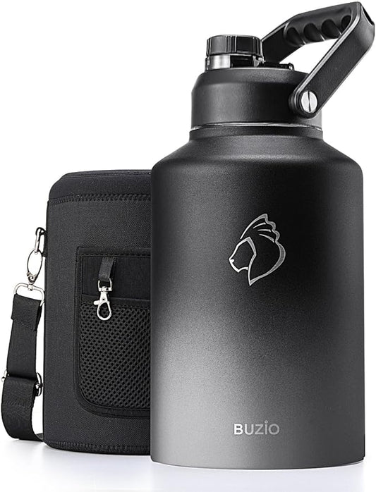 BUZIO One Gallon Water Bottle Insulated, (Cold for 48 Hrs) 128oz Water Jug Large Stainless Steel, 3.58in Big Wide Mouth Leak Proof Metal Flask with Carrying Sleeve for Camping,Gym, Travel, Black Gray