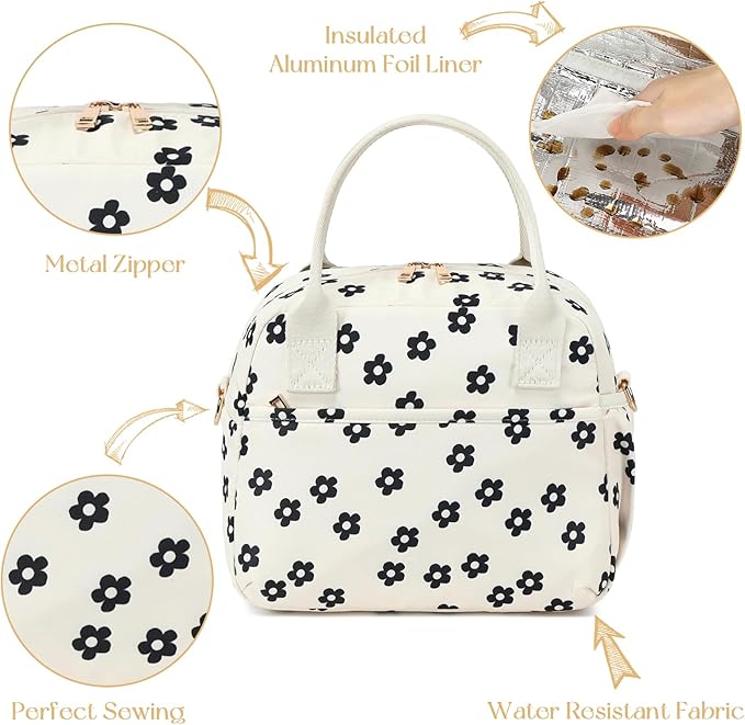 CAMTOP Lunch Box for Women Men Insulated Lunch Bag Lunch Tote Bag Leakproof Thermal Cooler Large Capacity for Travel Work School Picnic (Black Flower)