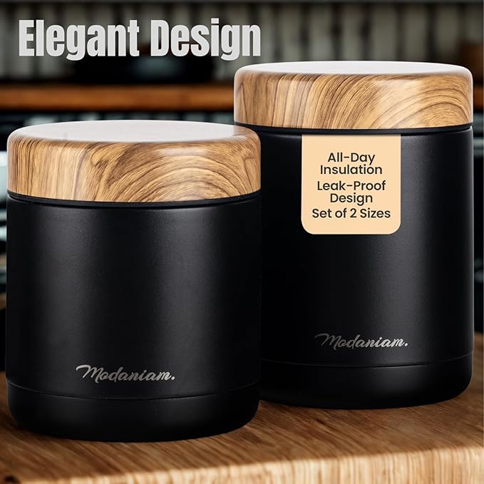 Stainless Steel Vacuum Insulated Food jars set of 2 | wide mouth |Insulated Lunch Container for Hot and Cold Food| Soup |Thermal Lunch Containers | Hot Lunch Box | 16 oz +12 oz| Black | Adults, teens