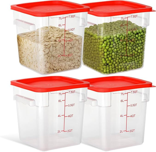 4 Pack Food Storage Containers, 8 Quart with Lids, Square Commercial Containers with Scale, Clear NSF Food Organizing, Polycarbonate