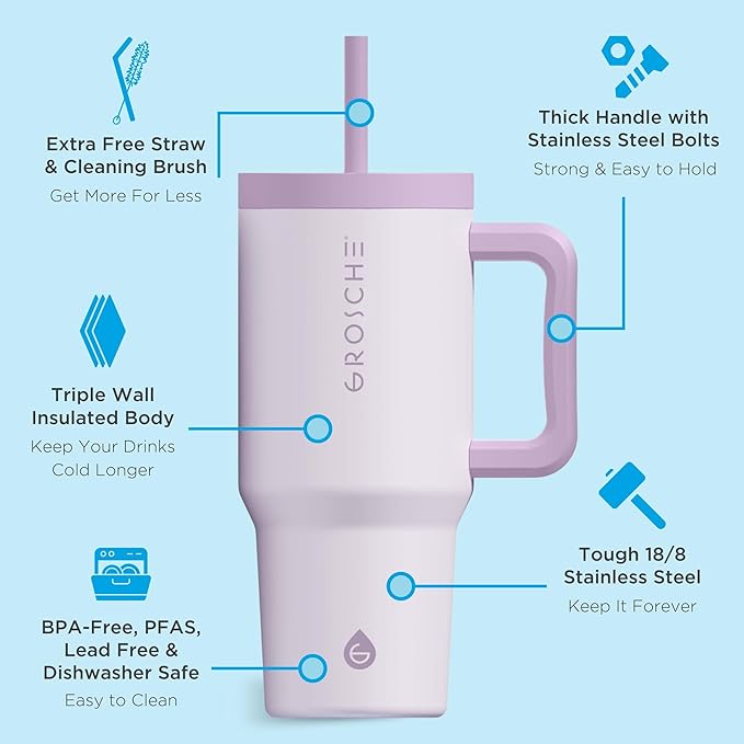 GROSCHE ASPEN 32 oz Tumbler with Handle and Straw. Extreme Insulation, Classy Design, Built to Last Insulated Stainless Steel Tumbler with Handle, Lid and Straw - Lavender