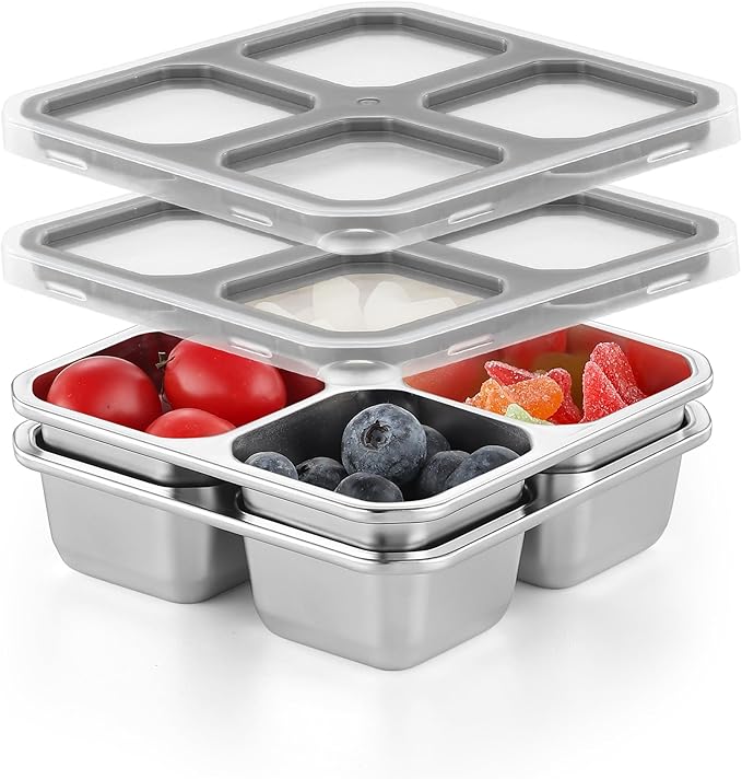 BEFOY 2 Pack Stainless Steel Snack Containers with Lids 4 Compartment Food Storage Containers for Adults & Kids Meal Prep Containers Reusable