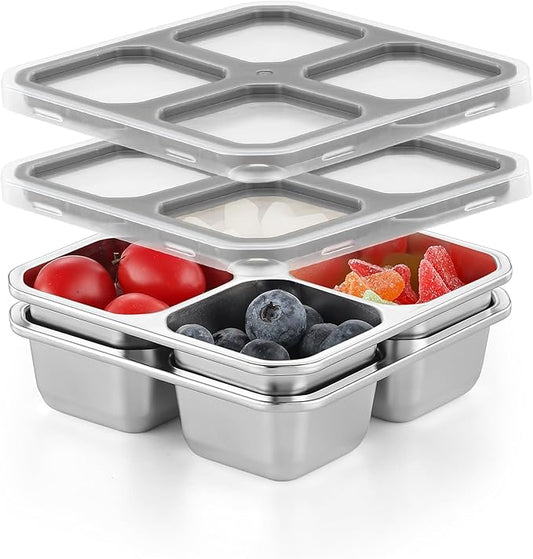 BEFOY 2 Pack Stainless Steel Snack Containers with Lids 4 Compartment Food Storage Containers for Adults & Kids Meal Prep Containers Reusable