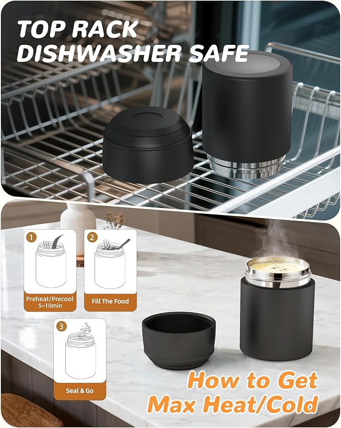 10oz Soup Thermo for Hot Food Kids Insulated Food Jar with Spoon Wide Mouth Stainless Steel Lunch Container Leak Proof Vacuum Food Box for School Travel Picnic Black