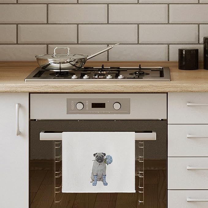 Blue Chinoiserie Hydrangea Pug Dog Kitchen Towels, Pug Lover Gifts Dish Tea Towels for Kitchen Decor, Dog Lovers Mom Gifts Decorative Hand Towel for Bathroom, 16x24 Inch