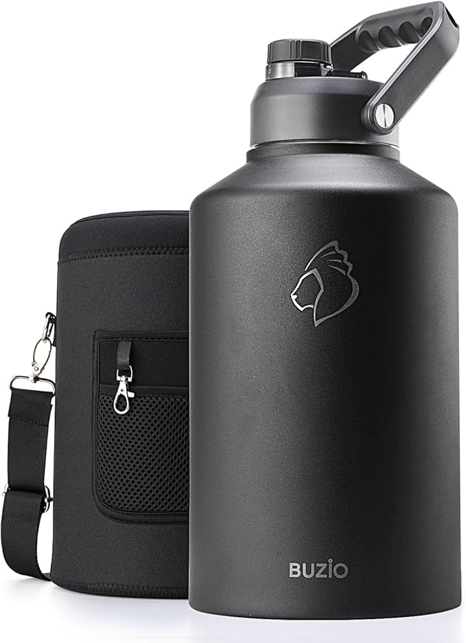 BUZIO 1.5 Gallon Water Bottle Insulated, (Cold for 48 Hrs) 196oz Large Water Jug Stainless Steel, 3.58in Big Wide Mouth Leak Proof BPA Free Flask with Carrying Sleeve for Camping,Gym,Travel, Black